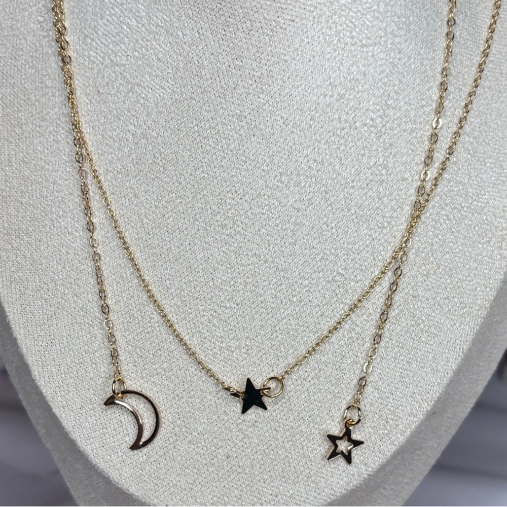 Set of 2 Gold Tone Star and Moon Necklaces 18-21”
